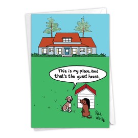 NobleWorks - 1 New Home Greeting Card - Funny Puppy Dog Cartoon, Big Doghouse New House Stationery Notecard - Dog Place C9314NHG