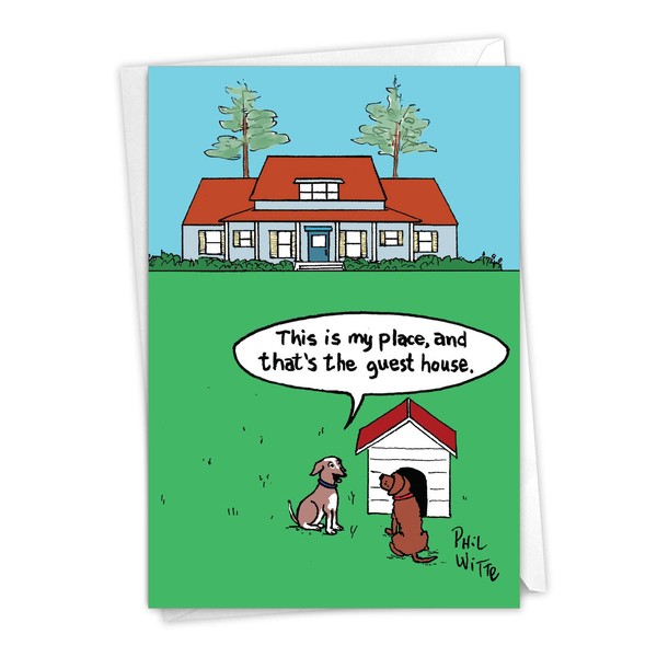 NobleWorks - 1 New Home Greeting Card - Funny Puppy Dog Cartoon, Big Doghouse New House Stationery Notecard - Dog Place C9314NHG