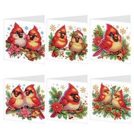 Focart 6-Pack Christmas Cardinals Diamond Painting Greeting Card Kits, Special Shaped Diamonds Painting, DIY Handcraft for Relatives and Friends with Wishes,Unique Design Crafting for Christmas Day
