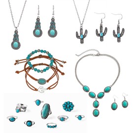 18PCS Western Jewelry For Women,Turquoise Jewelry Set with Turquoise Rings and Necklace Vintage Turquoise Drop Earrings Faux Leather Bracelet,Boho Western Jewelry Anniversary Birthday Friendship Gift