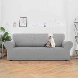 LURKA Stretch Sofa Slipcovers 1 Piece Couch Covers for 3 Cushion Couch Sofa Furniture Protector Full Sofa Covers with Elastic Bottom for Kids and Dog (Large, Sliver)