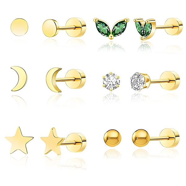 Gold Studs Earrings for Women, 6 Pairs 12 Pieces Gold