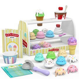Ice Cream Toy for Kids - Toys for 3 4 Year Old Girls, Wooden Ice Cream Counter Pretend Play Food with Apron, Scoop, Menu, Fake Money, Gifts for Boys Girls Toddlers Ages 3 4 5