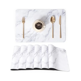QIYI Placemats Set of 6, 12x18 Inch PU Leather Place Mats for Kitchen Dinning, Heat Resistant Anti Slip Table Mats, Waterproof Wipeable Washable Placemat Party Table Décor, White Marble