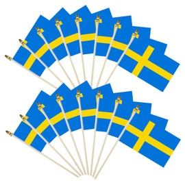 16 Pack Small Sweden Flags on Stick - Mini Swedish Flags with Kid-Safe Spear Top - 5x8 Inch Wooden pole Hand Held Stick Flags for Patriotic Decorations Parades Parties National Flags