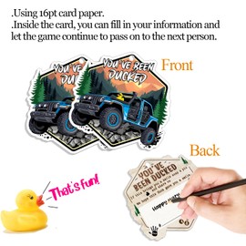 You've Been Ducked Card, Duck Tags, Ducking Game Cards, Ducked Tags, Rubber Duck Tag for Game, Yellow Ducks and Blue JP Car Design, with Round Hole and Rubber Bands 50 Pack (Blue)