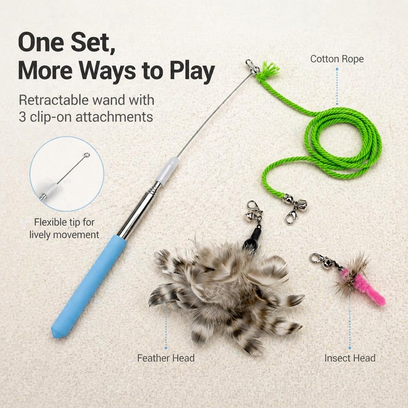 ZAYLUMO Cat Wand Toy Set, Retractable Stainless Steel Wand with