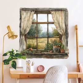 DRWSSR 3D Creative Fake Window Wall Sticker Removable DIY Romantic Green Plants Red Flowers Wall Stickers Vinyl Trees Pastoral Natural Scenery Fake Window Wall Decal for Bedroom Living Room Decor