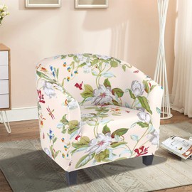 SearchI Club Chair Slipcover Stretch Barrel Chair Covers Printed Tub Chair Slipcovers Spandex Armchair Sofa Cover Removable Couch Furniture Protector Arm Chair Cover for Living Room(Beige+Flowers)