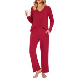 Bestbee Women's Pyjamas Set Plus Size, 2 Piece V Neck Nightwear Set Long Sleeve With Pockets Ladies Pjs Set, 2XL, Red