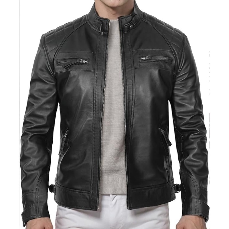 DECIMAL Men's Black Genuine Lambskin Leather Biker Jacket VINTAGE REAL