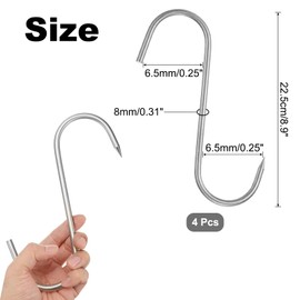 uxcell 4Pcs Meat Hooks 8.9 Inch 8mm Stainless Steel Smoking Hook Butcher Hook Meat Processing Butcher Hook Hanger Hooks for Smoking, Grilling, Beef, Rib, Barbecue