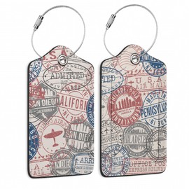 Set of 2 Luggage Tags for Suitcases, Leather Passport Travel Stamps Baggage Tags with Stainless Steel Loop, Privacy Name ID Card Cover Kawaii Travel Labels for Women Men Kids Girls