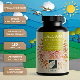 Calcium Tablets 180x – Optimal High Dose with 800 mg Calcium per Day – Preservation of Normal Bones & Teeth – Laboratory Tested with Certificate – No Unwanted Additives – 100% Vegan – Supply for 90