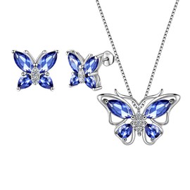 Aurora Tears Butterfly Jewelry Set,925 Sterling Silver Butterflies December-Tanzanite Birthstone Pendant Necklace/Earrings for Women Teen DS0045U