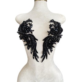 1 Pair Handmade Beaded Crystal Patches Bodice Lace DIY Applique Patches Accessory for Dress Clothes 35X12cm (Black)