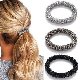 Rhinestone Hair Ties Elastic Ponytail Holder Sparkly  Hair Scrunchies Beaded Set Hair Bands Hair Accessories for Women and Girls(Pack of 3) (Type A) - Color: Type B