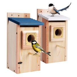 Bluebird Houses 2Pack for Outside with Copper Guard, Pole, Thicken Wooden Hanging Birdhouse Clearance Garden Country Cottages, Nesting Box for Bluebird Finch Swallow Wren Chickadee Wild Bird Supplies