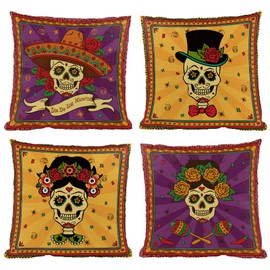 FARMNALL Dia De Los Muertos Sugar Skull Flower Throw Pillow Covers 18x18 Set of 4 Day of The Dead Deocr Pillow Case Mexican Fiesta Decorations and Supplies