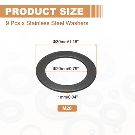 PATIKIL 9PCS M20 Stainless Steel Washers, M20x30x1mm Flat Washers Metal Metric Sealing Assortment Kit 304 Stainless Steel Gasket Ring for Screws Bolts Automotive