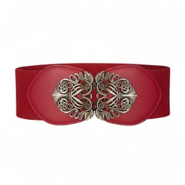 BlackButterfly 3 Inch Wide Waspie Elastic Vintage Buckle Waist Belt (Red, XXL)