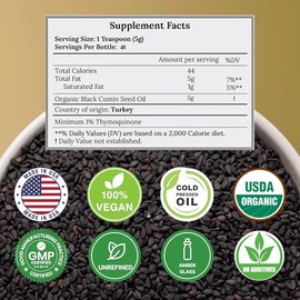 Aceite de semilla negra orgánico prensado en frío sin refinar, botella de vidrio | Aceite de semilla de comino negro orgánico certificado USDA | Alto contenido en Timoquinona Omega 3 6 9 | Para el