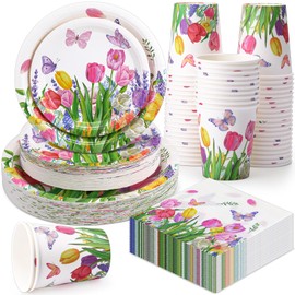 Pickmesh 250 Pcs Party Disposable Tableware Set Paper Plates and Napkins Cups Supplies Tea Party Theme Dinner Dinnerware for Birthday Bridal Baby Shower wedding Decoration Serves 50 (Tulip)