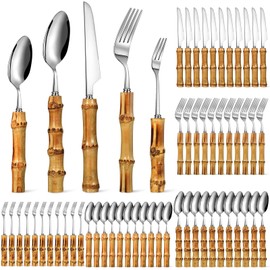 Bamboo Silverware Set 18/8 Stainless Steel Tableware Set Natural Bamboo Utensil Flatware Set Spoon Fork Knives Bamboo Handle Cutlery Set for Kitchen Wedding Home Restaurant Party (Silver, 30 Pieces)