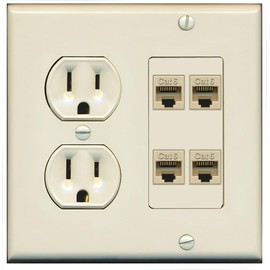 15 Amp Duplex Round Power Outlet 4 Port Cat6 Ethernet Wall Plate [Light-Almond]
