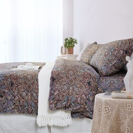 Softta Vintage Paisley Bedding Set King Size 3Pcs Duvet Cover Set Shabby Flower Pattern Boho Bedding Collection 100% Egyptian Cotton Brown Purple
