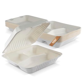 FOOGO Green 50pcs Eco-Friendly Clamshell Takeaway Boxes, 9x9 inch 46oz / 1300ml, 3 compartments, Made from Natural Sugarcane Pulp, Disposable Takeaway Container, Compostable Biodegradable