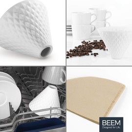 Beem Pour Over Kaffeefilter zum Hängen - 4 Tassen | Classic Selection | Porzellan | Handfilter mit Diamantoptik | inklusive 10x Papierfilter Größe 2 | spülmaschinengeeignet | Manuelle Kaffeebrühkunst