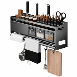 Spice Rack with Spice Jars, Standing & Hanging Spice Holder, No Drilling Required | Spice Racks Wall with Kitchen Roll Holder & Hooks, Spice Organiser for Kitchen Countertop Cabinet, Kitchen Shelf Hanging