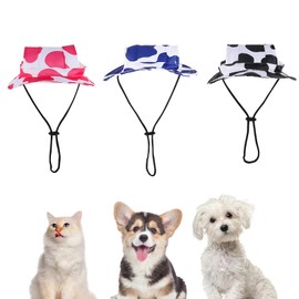 KASESSS 3 Pcs Pet Sun Hat, Dog Sun Hat, Cow Patterned Cat Hats, Summer Suns Protection Hats, Adjustable Rope Buckle Exposed Ear Pet Fisherman Cap, Dog Bucket Cap Breathable Round Cap for Puppies Cats