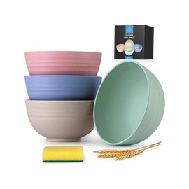 Zulay 24oz Unbreakable Wheat Straw Plastic Cereal Bowls Set of 4 - Dishwasher & Microwave Safe Bowl Set With Sponge - Lightweight Wheat Straw Bowls For Cereal, Soup, Snacks, & More