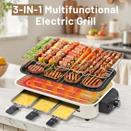 TAILERNRUYE 3-in-1 Indoor Smokeless Grill,Removable 18’’x 9’’Electric Griddle Nonstick with Temperature Control for Indoor Outdoor Family Party Kitchen Picnic Table