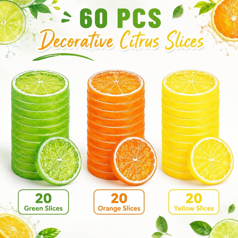 60 Pcs Artificial Lemon Slices Fake Fruit Props Yellow Green