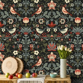 VEELIKE 17.7''x354'' Vintage Birds Berries Peel and Stick Wallpaper Boho Floral Wallpaper by William Morris Wallpaper Mural for Bedroom Removable Pre-Pasted Floral Contact Paper for Walls Powder Room