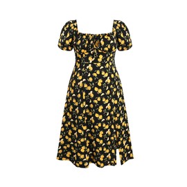 CIDER Plus Size Midi Dress Summer Fruit Patterned Square Neck Puff Sleeve Boho Vacation Casual Midi Dress for Curvy Women Black