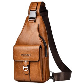 Hjkiopc Sling Bag for Men,Leather Chest Bag with Adjustable Strap,Waterproof Shoulder Bag,Casual Lightweight Bag,Crossbody bag for Hiking,Cycling,Travel,Camping (Light Brown-1)