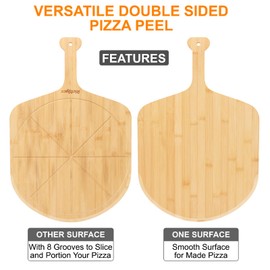 14 inch Natural Bamboo Pizza Peel Set of 2, Double-Sided Use Pizza Cutting Board with 8 Slice Grooves for Pizza, Bread, Cheese, Vegetable, Fruits