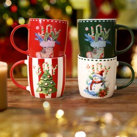 Homlouue Christmas Mugs Set of 4, Christmas Coffee Mugs with Festival Design, Christmas Gifts for Family Friends, Merry Christmas Mugs with Snowman Christmas Tree Stocking, Holiday Decor, 11 Oz