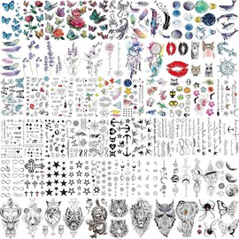 66 Sheets 430+ PCS Cute Temporary Tattoos For Women Men Adults, Watercolor Butterfly Flower Lavender Fake Tattoo Stickers Kids Boys Girls, Black Star Animals Space Temp Tattoos Dragon Wolf Lion - Pattern Name: Black