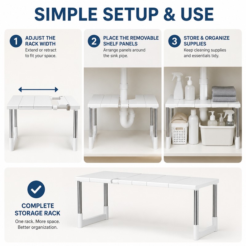 Adjustable Under Sink Storage Rack for Kitchen & Bathroom –