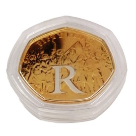 2020 Isle of Man VE Day Victory 75th Anniversary Dual Plated Letter R UNC 50p coin with Heptagon Acrilyc Coin Holder