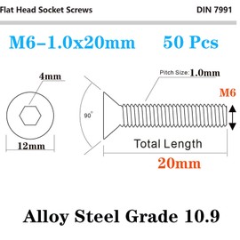 50 Pcs M6-1.0 x 20mm Flat Head Socket Cap Screws, Alloy Steel Grade 10.9, DIN 7991, Allen Socket Drive,Hex Drive,Black Oxide Finish (M6-1.0 x 20mm)