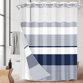 Nesphy No Hook Navy Blue Shower Curtain with Snap in Fabric Liner Set, Boho Striped Modern Double Layers Waterproof Fabric with See Through Top Window Open Grommet Bath Curtain 71x86 Inch