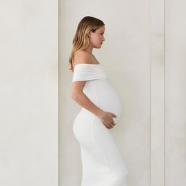 BUMPSUIT Off The Shoulder Maternity Dress for Pregnancy, Stretchy Fabric Foldover Neckline Ladies Long Maternity Maxi Dress Ivory