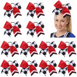 12 PCS Soccer Cheer Bows for Girls, 8" Large Hair Bows Cheerleading Bows Bulk Elastic Band Ponytail Holder Soccer Hair Accessories for Teen Girls Soccer Team (Red)