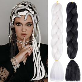 Jumbo Ombre Braiding Hair Extensions Pre-stretched Synthetic Fiber for Twist Braiding Hair Makeup Crochet Bubble Braids (2, Black White)